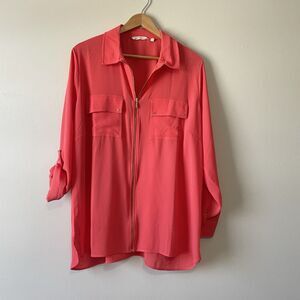 Soft Surroundings Coral Full Zip Front Collar Tunic Top 1X Coral Gold Roll Tab